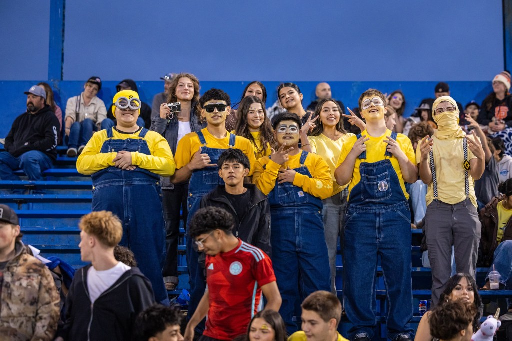 A group of fans dressed in yellow and overalls, some wearing Minion-themed accessories, cheerfully posing at a sports event.