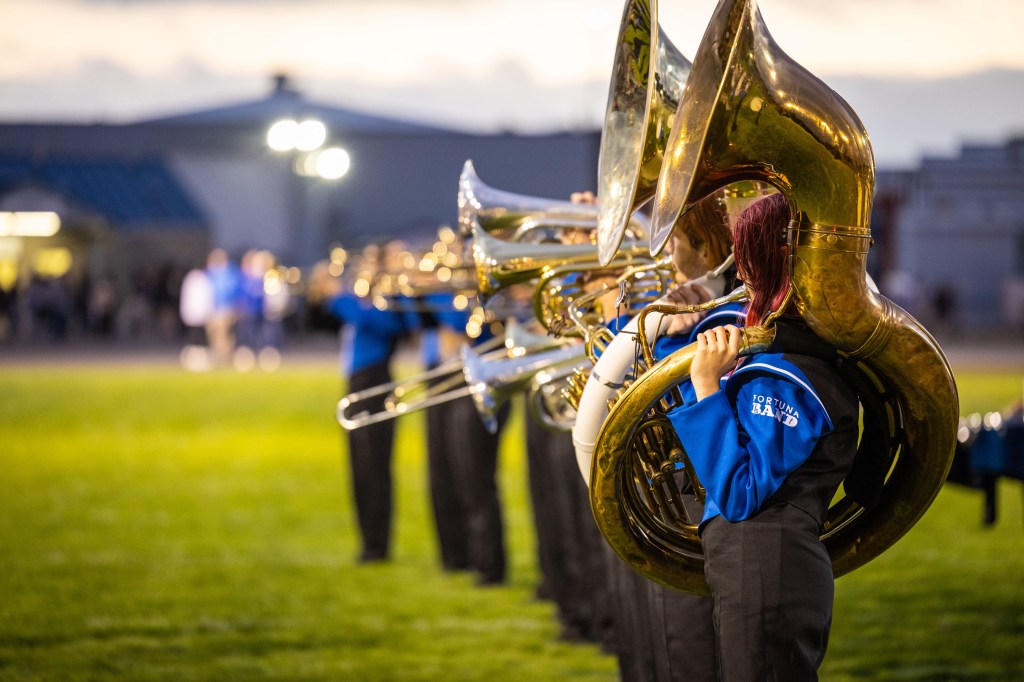 A group of marching band members lined up holding tubas during a performance on a grassy field at dusk.