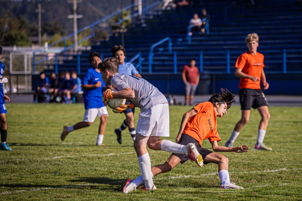 A soccer goalie in gray jersey makes a save while a player in an orange jersey falls to the ground, with other players in the background on the field.