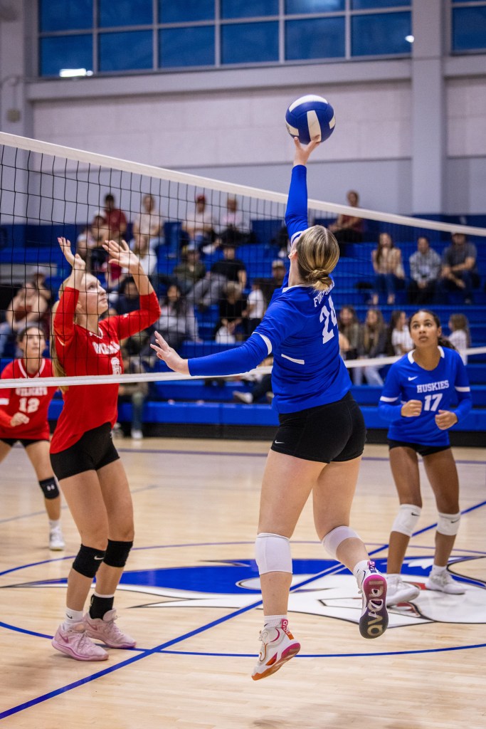A volleyball player in a blue jersey jumps to spike the ball over the net during a game, while two opponents in red jerseys prepare to block.