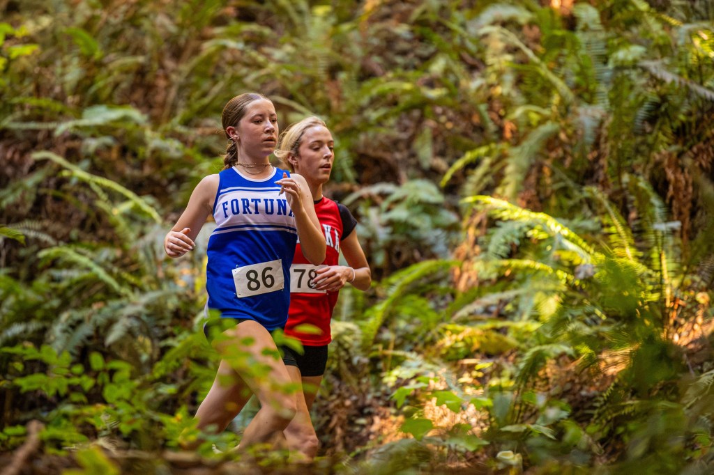Two female cross-country runners competing in a forested area, one wearing a blue jersey with 'FORTUNA' and the number 86, and the other in a red jersey.