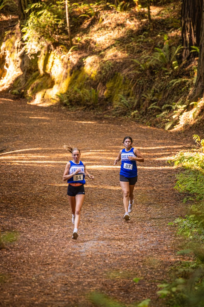 Two female cross country runners competing on a forest trail, wearing blue and white uniforms, surrounded by autumn foliage.