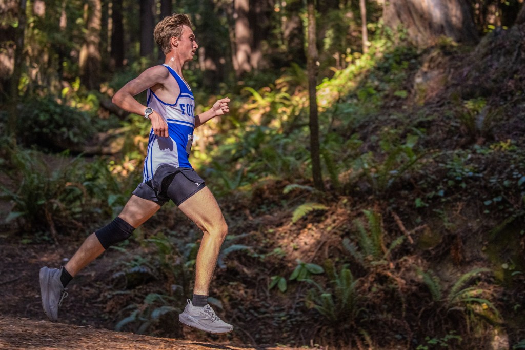 A young male runner wearing a blue and white athletic uniform is sprinting on a forest trail, surrounded by greenery and trees.