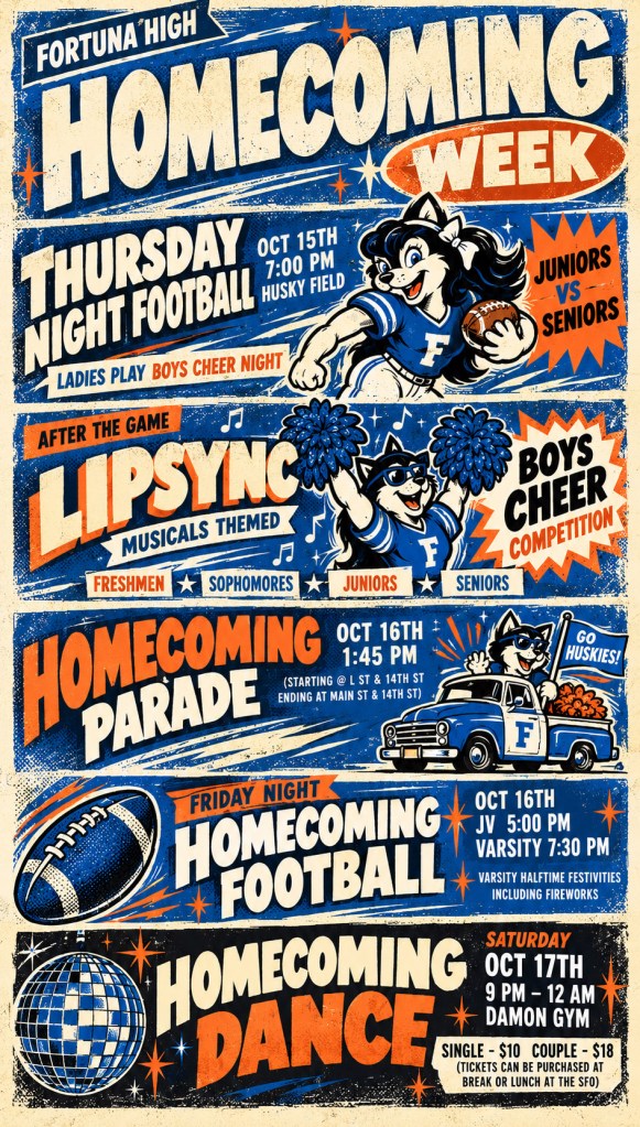 Promotional poster for Fortuna High's Homecoming Week featuring event details for Thursday Night Football, Lipsync competition, Homecoming Parade, Friday Night Football, and Homecoming Dance.