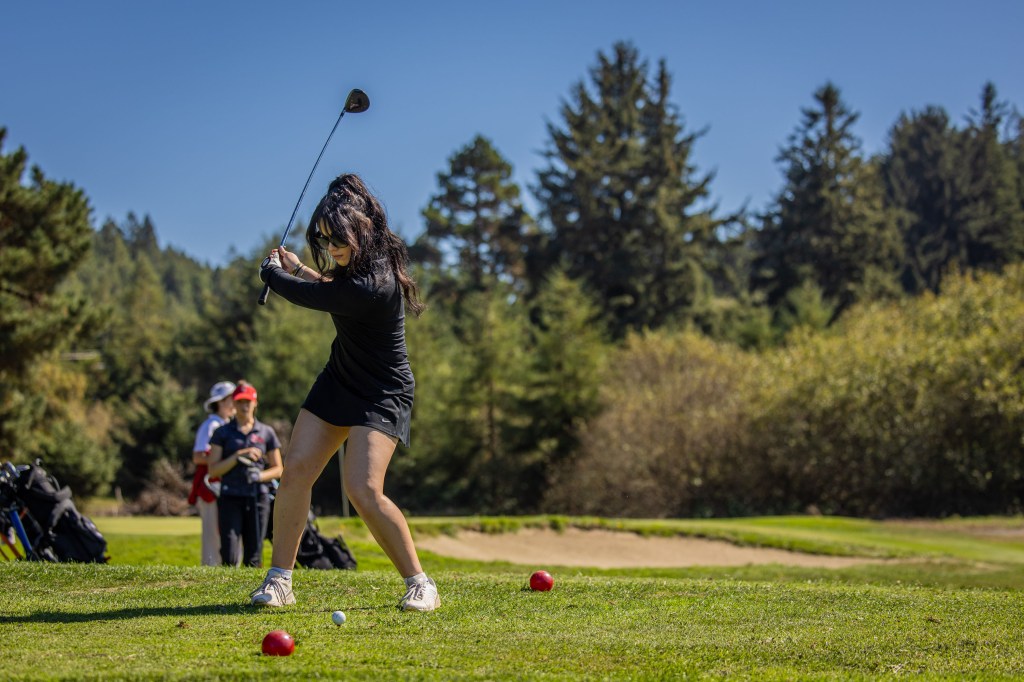 A woman in a black dress swings a golf club on a sunny golf course, with two red golf balls in the foreground and other players in the background.
