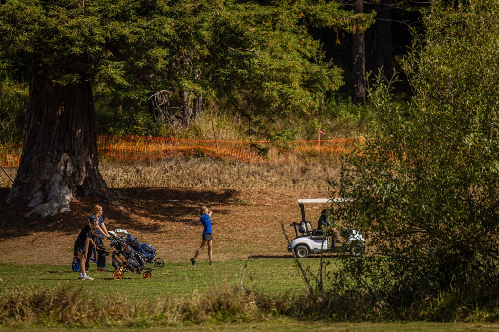 Two people walking on a golf course, one pushing a golf trolley; a third person preparing to hit a shot in the background, with an electric golf cart nearby.