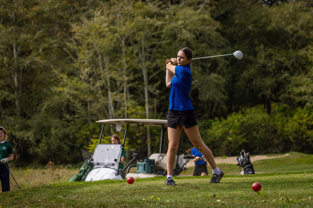 A golfer in a blue shirt swings a club, hitting a ball on a lush green golf course, with a golf cart and other players in the background.